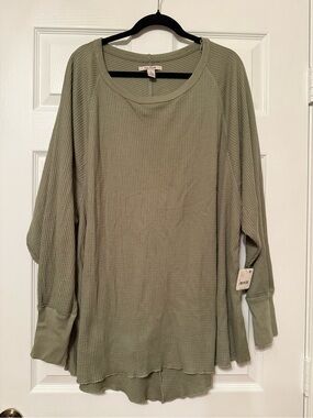Free People Green Waffle-Knit Long Sleeve Top
